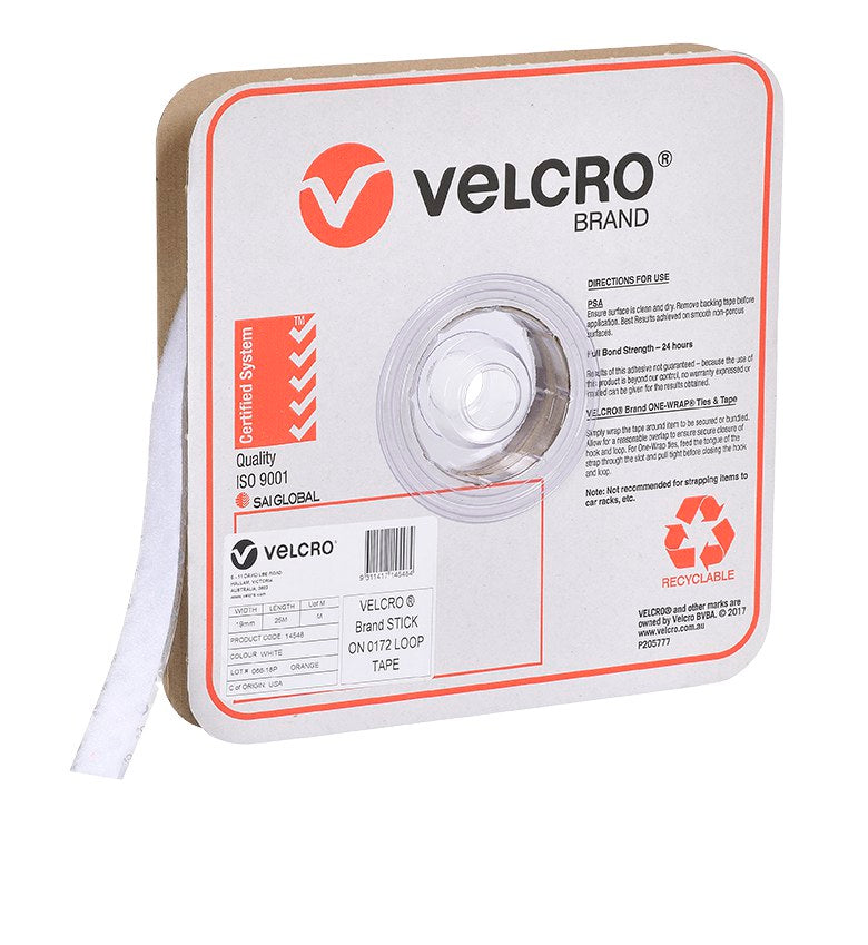 Velcro Brand V14548 19mm white stick on loop tape on a roll in a square Velcro Brand box, angled view with the white tape running out of the box, with the red Velcro logo, a product label and a recyclable mark on the front