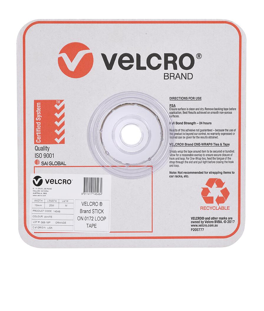 Velcro Brand V14548 19mm white stick on loop tape on a roll in a square Velcro Brand box, front view, with the red Velcro logo, a product label and a recyclable mark on the front