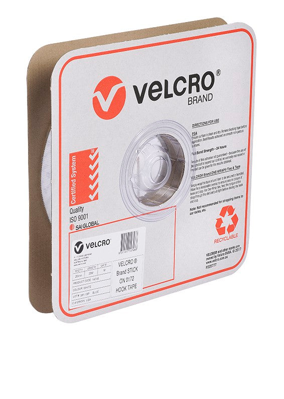 Velcro Brand V14748 25mm white stick on hook tape on a roll in a square Velcro Brand box, angled view, with the red Velcro logo, a product label and a recyclable mark on the front