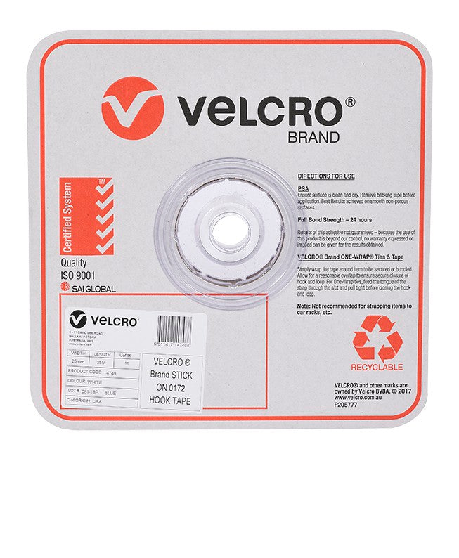 Velcro Brand V14748 25mm white stick on hook tape on a roll in a square Velcro Brand box, front view, with the red Velcro logo, a product label and a recyclable mark on the front