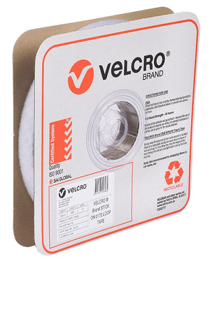 Velcro Brand V14848 25mm white stick on loop tape on a roll in a square Velcro Brand box, angled view, with the red Velcro logo, a product label and a recyclable mark on the front