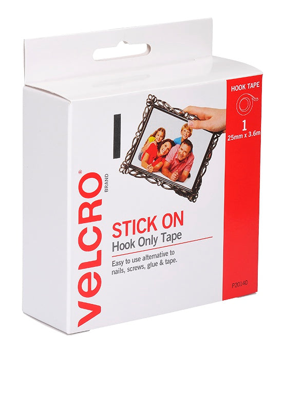 Velcro Brand V20140 white dispenser box labelled Stick On Hook Only Tape, with a red Velcro logo and a picture of a hand holding a framed family photo