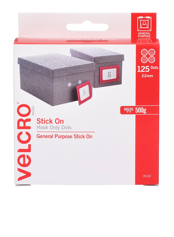 Front of the Velcro Brand V20142 box labelled Stick On Hook Only Dots, 125 Dots 22mm, holds 500g, with a picture of grey storage boxes with label tags
