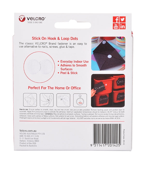 Back of the Velcro Brand V20142 box with directions, everyday indoor use and smooth surface notes, home and office use pictures and a barcode