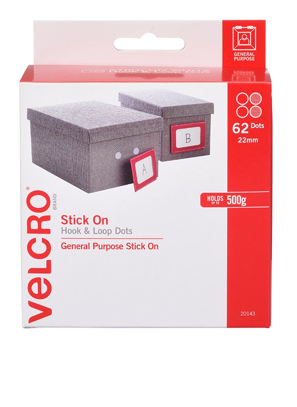 Front of the Velcro Brand V20143 box labelled Stick On Hook and Loop Dots, 62 Dots 22mm, holds 500g, with a picture of grey storage boxes with label tags