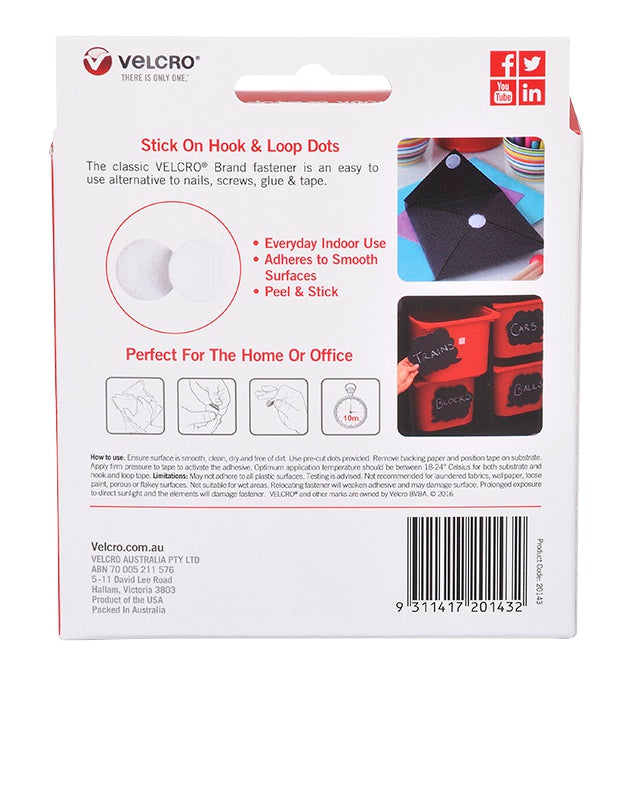 Back of the Velcro Brand V20143 box with directions, everyday indoor use and smooth surface notes, home and office use pictures and a barcode