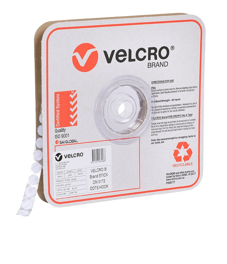 Velcro Brand V28206 16mm white stick on hook spots on a roll in a square Velcro Brand box, angled view with white spots running out of the box, with the red Velcro logo, a product label and a recyclable mark on the front