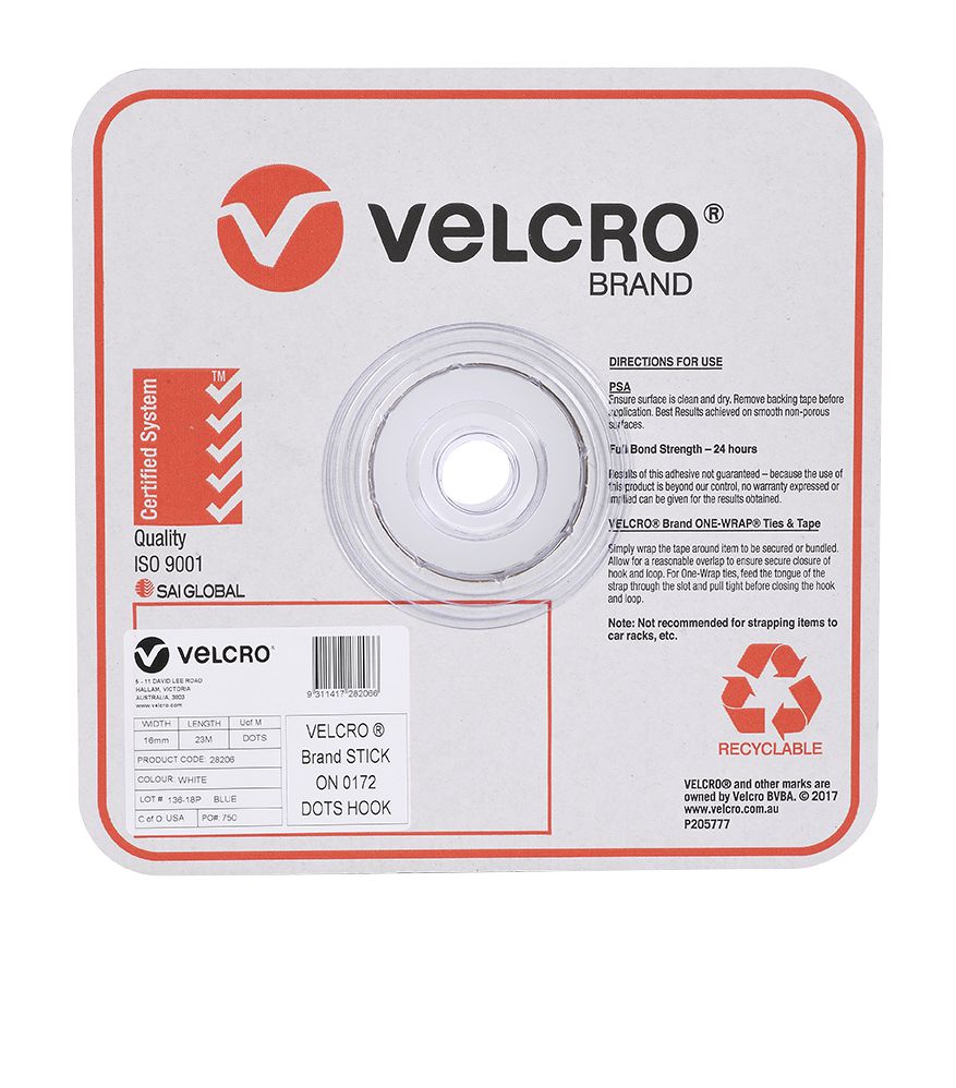 Velcro Brand V28206 16mm white stick on hook spots on a roll in a square Velcro Brand box, front view, with the red Velcro logo, a product label and a recyclable mark on the front