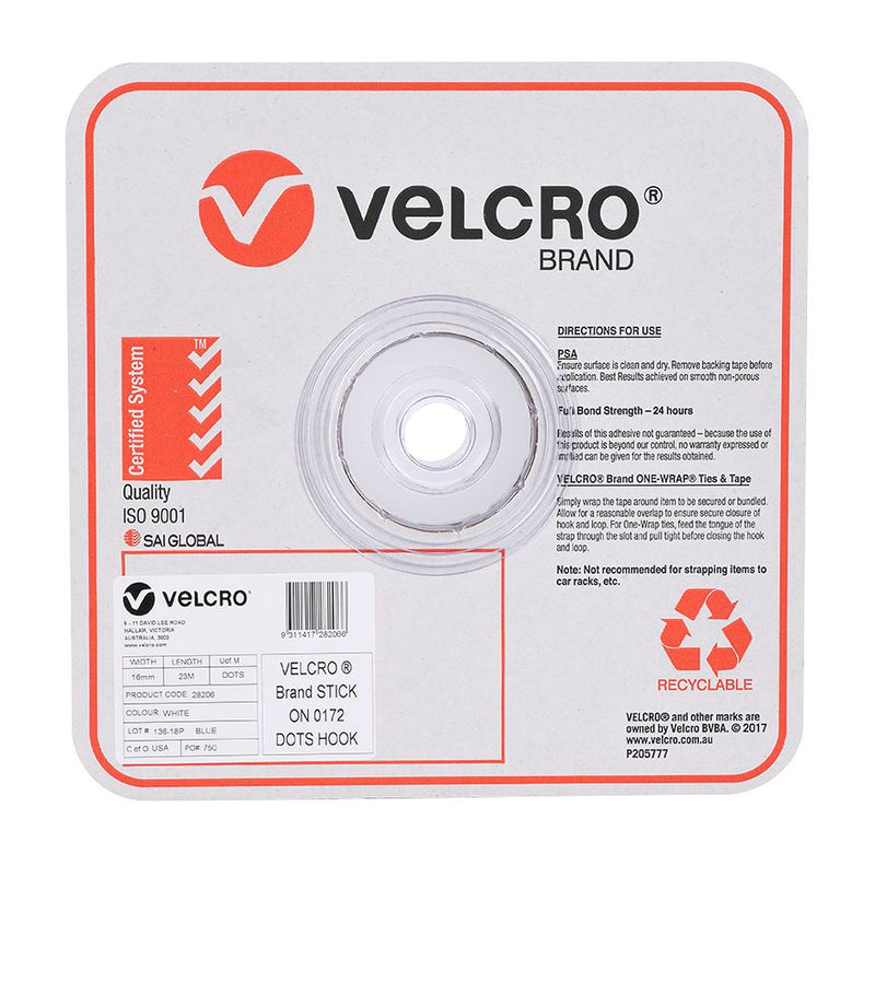 Velcro Brand V28206 16mm white stick on hook spots on a roll in a square Velcro Brand box, front view, with the red Velcro logo, a product label and a recyclable mark on the front