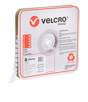 Velcro Brand V28306 16mm white stick on loop spots on a roll in a square Velcro Brand box, angled view with white spots running out of the box, with the red Velcro logo, a product label and a recyclable mark on the front