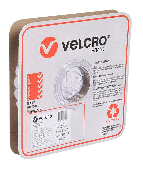 Velcro Brand V28706 22mm white stick on hook spots on a roll in a square Velcro Brand box, angled view, with the red Velcro logo, a product label and a recyclable mark on the front