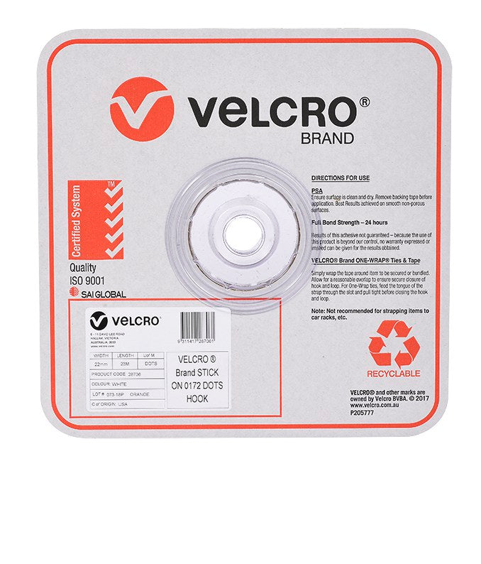 Velcro Brand V28706 22mm white stick on hook spots on a roll in a square Velcro Brand box, front view, with the red Velcro logo, a product label and a recyclable mark on the front