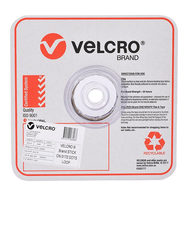 Velcro Brand V28806 22mm white stick on loop spots on a roll in a square Velcro Brand box, front view, with the red Velcro logo, a product label and a recyclable mark on the front