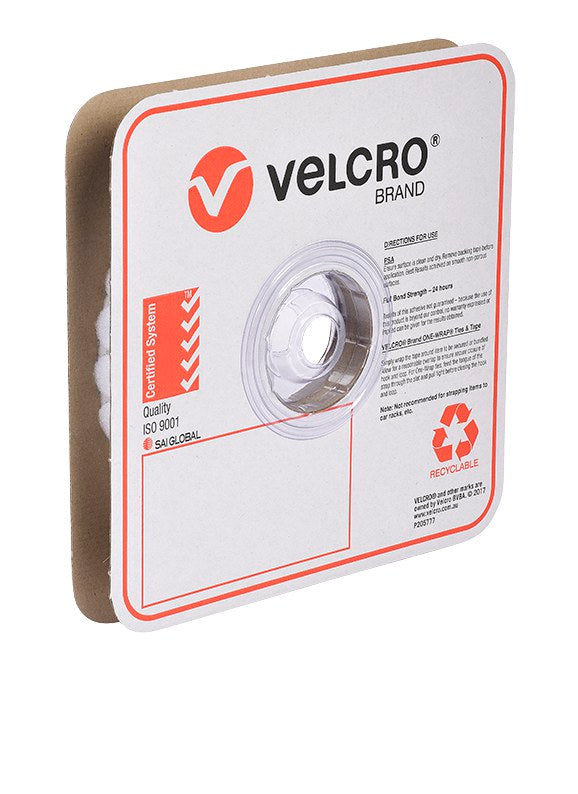 Velcro Brand V28806 22mm white stick on loop spots in a square Velcro Brand box, angled view showing the red Velcro logo and recyclable mark