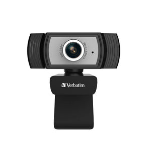 Front of the Verbatim 1080p Full HD webcam, black body with silver face printed HD1080p and Web camera, on its black base