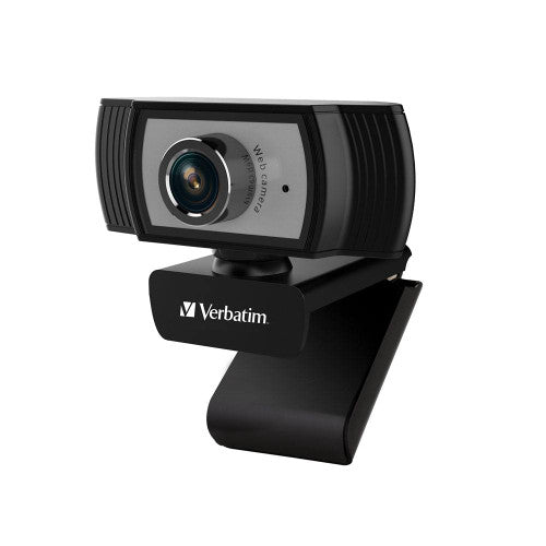 Verbatim 1080p Full HD webcam from the side with its hinged clip opened to hang over the top of a screen