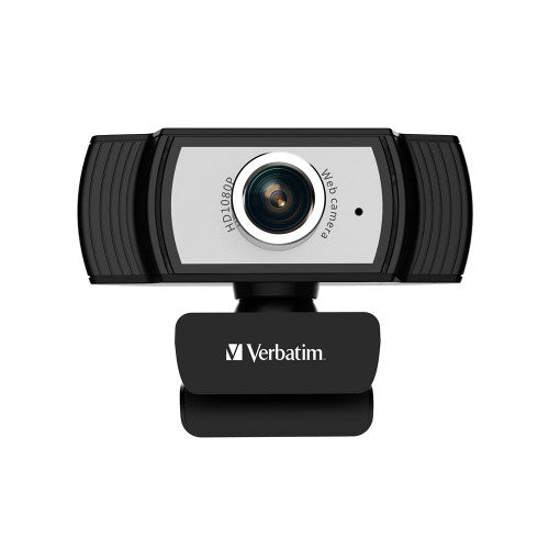 Verbatim 1080p webcam seen straight on with the lens centred in the silver face and the Verbatim logo on the base