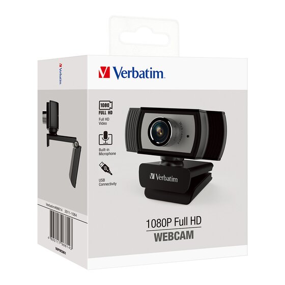 Verbatim 1080P Full HD Webcam box with icons for Full HD video, built-in microphone and USB connectivity