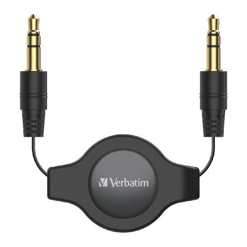 Verbatim 3.5mm retractable AUX audio cable in black on a white background