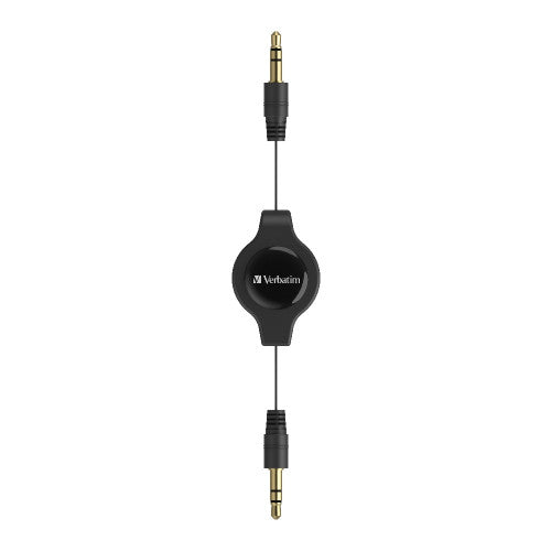 Verbatim retractable AUX cable shown in coiled compact state for storage