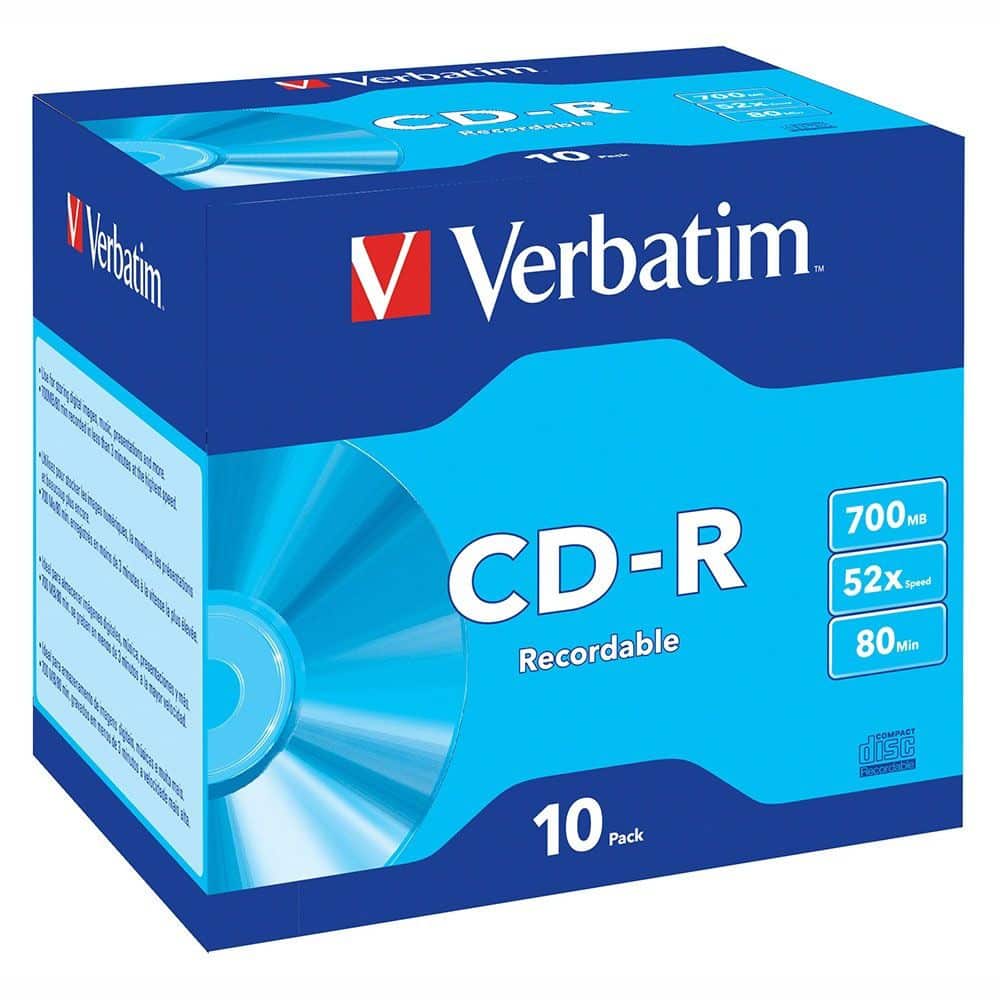 Verbatim CD-R 10 pack box in blue, front marked CD-R Recordable with 700MB, 52x and 80 min symbols and the number 10