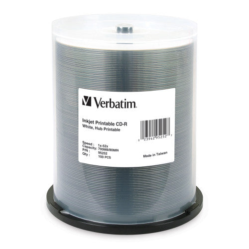 Verbatim CD-R inkjet printable white disc 100-pack spindle front view