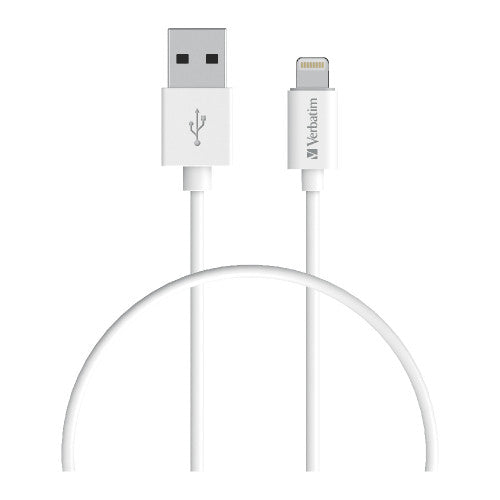 Verbatim 1m white Lightning cable coiled on a white background