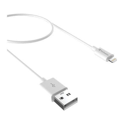 Close-up of the Lightning connector tip on the Verbatim white cable