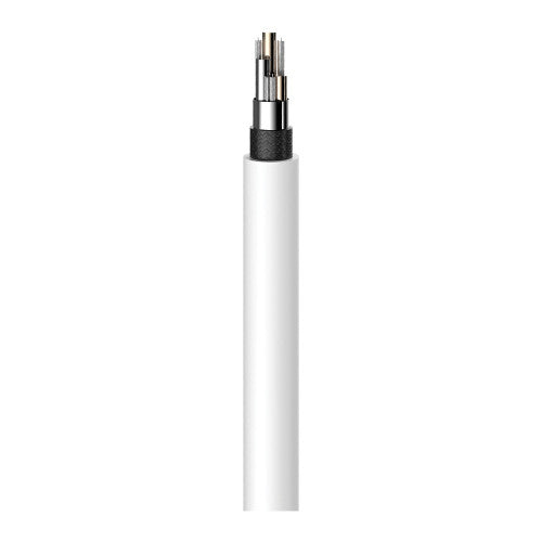 Verbatim white Lightning cable plugged into an iPhone on a desk