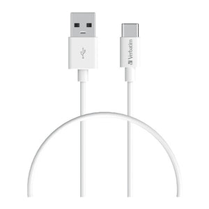 Verbatim 1m white USB-C to USB-A charge and sync cable coiled on white background