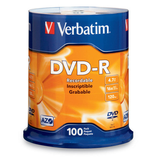 Verbatim DVD-R Branded Silver 100-disc spindle pack for data archiving and video recording