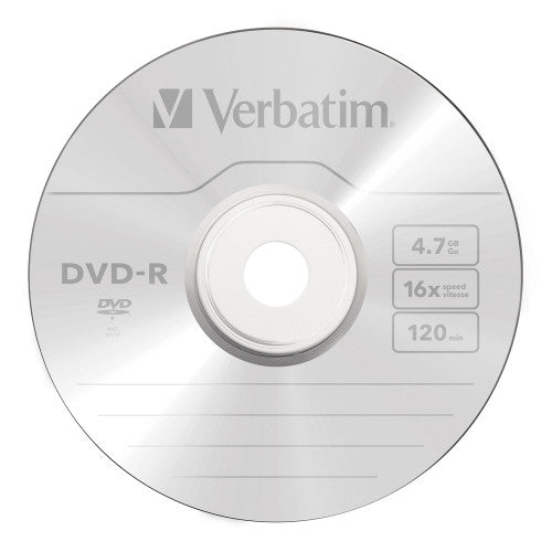 Close-up of Verbatim 4.7GB 16X DVD-R discs stacked on a spindle