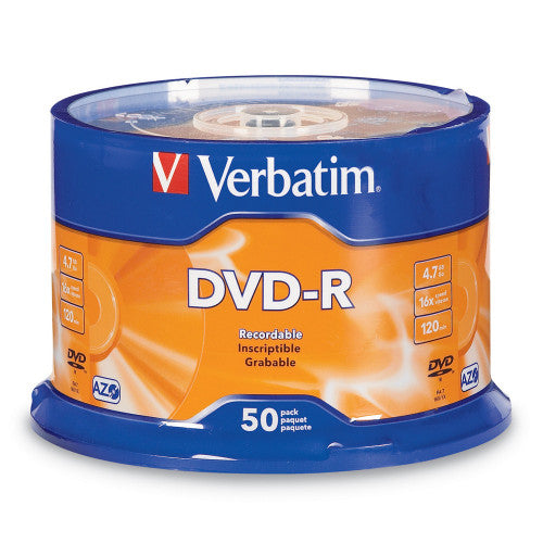 Verbatim DVD-R Branded Silver 50-disc spindle showing stacked discs and spindle hub