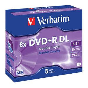 Verbatim 8x DVD+R DL Double Layer 5 pack box in purple, front marked 8.5GB and 5 with the AZO logo