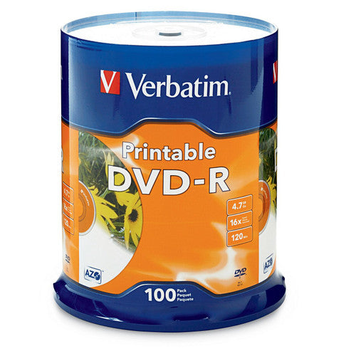 Verbatim DVD-R 16X White Inkjet Printable 100-pack spindle showing printable disc surface