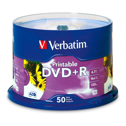 Verbatim DVD+R Inkjet Printable 16X White 50-pack spindle with clear lid on white background