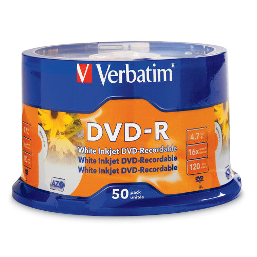 Verbatim DVD-R Inkjet Printable 16X White 50-disc spindle, front view showing white printable disc surface