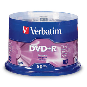 Verbatim DVD+R 50 disc spindle in purple and blue packaging, front showing DVD+R, the AZO logo and the number 50