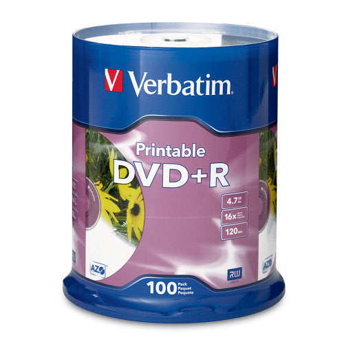 Verbatim DVD+R White Inkjet Printable 16X discs - 100-pack spindle front view