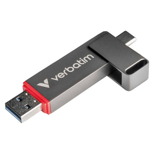 Verbatim Dual QuickStick with USB-A connector forward, dark grey metal casing, red trim ring and the swivel cover rotated open