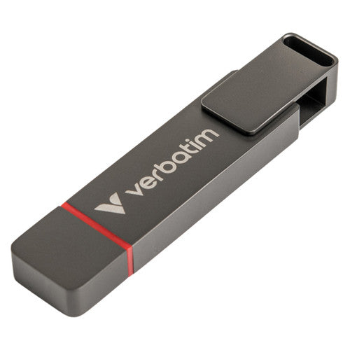 Verbatim Dual QuickStick with the swivel cover shut over USB-C, showing the slim grey body and red trim