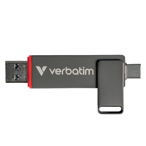 Verbatim Dual QuickStick photographed flat from the side with USB-A left, USB-C right and the cover angled down