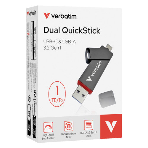 Verbatim Dual QuickStick box showing a 1TB capacity badge and USB-C and USB-A 3.2 Gen 1 on the front