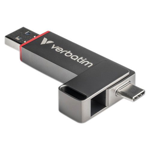 USB-C end of the Verbatim Dual QuickStick uncovered, with the hollow swivel cover and keyring loop beside it