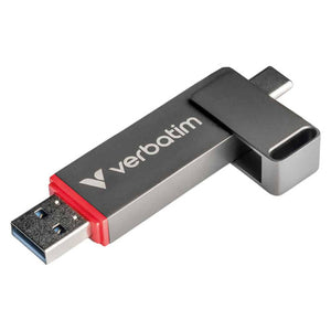 Verbatim Dual QuickStick in gunmetal grey with a red ring behind the USB-A connector and the Verbatim name along the body