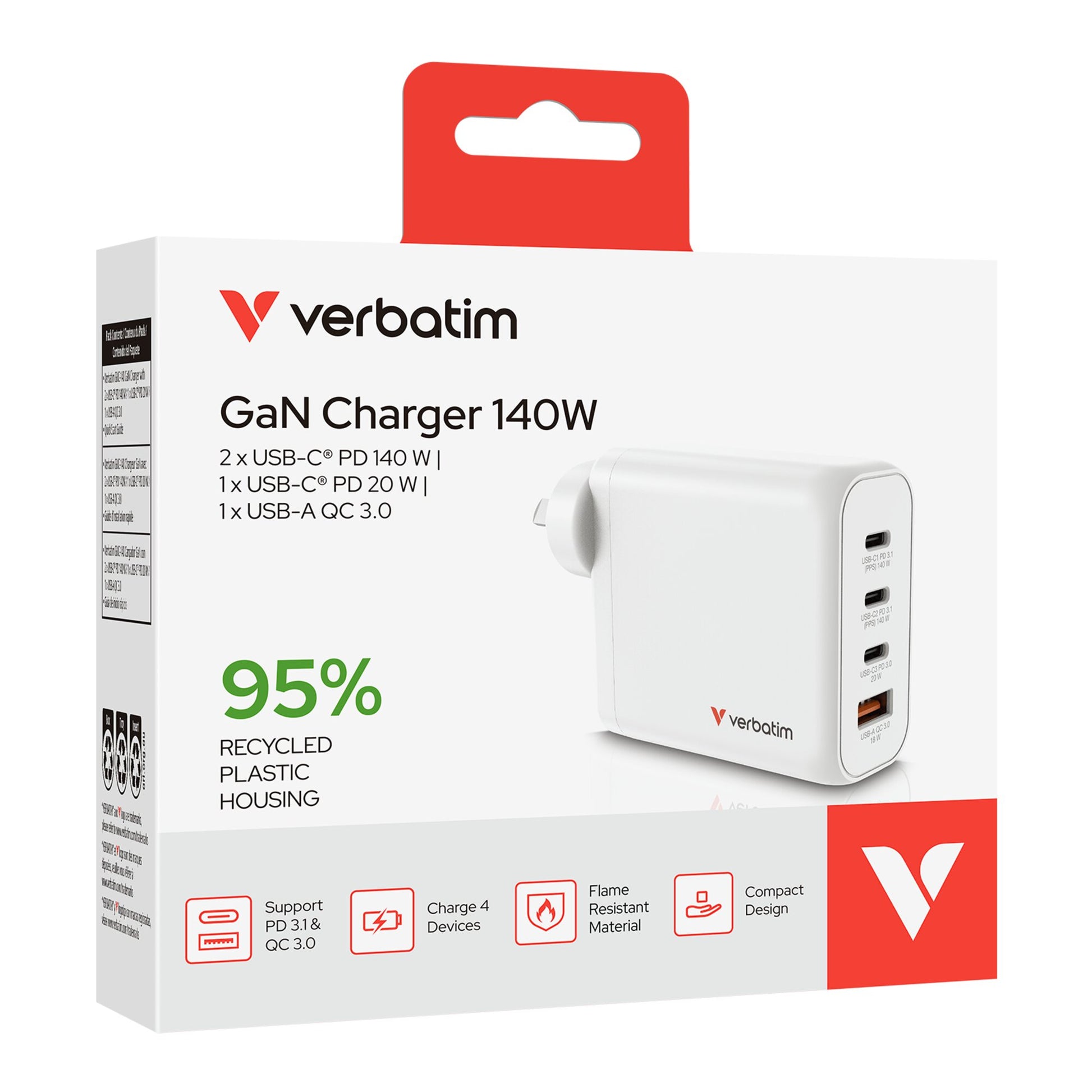 Verbatim GaN Wall Charger 4 Port 140W USB-A and USB-C-4