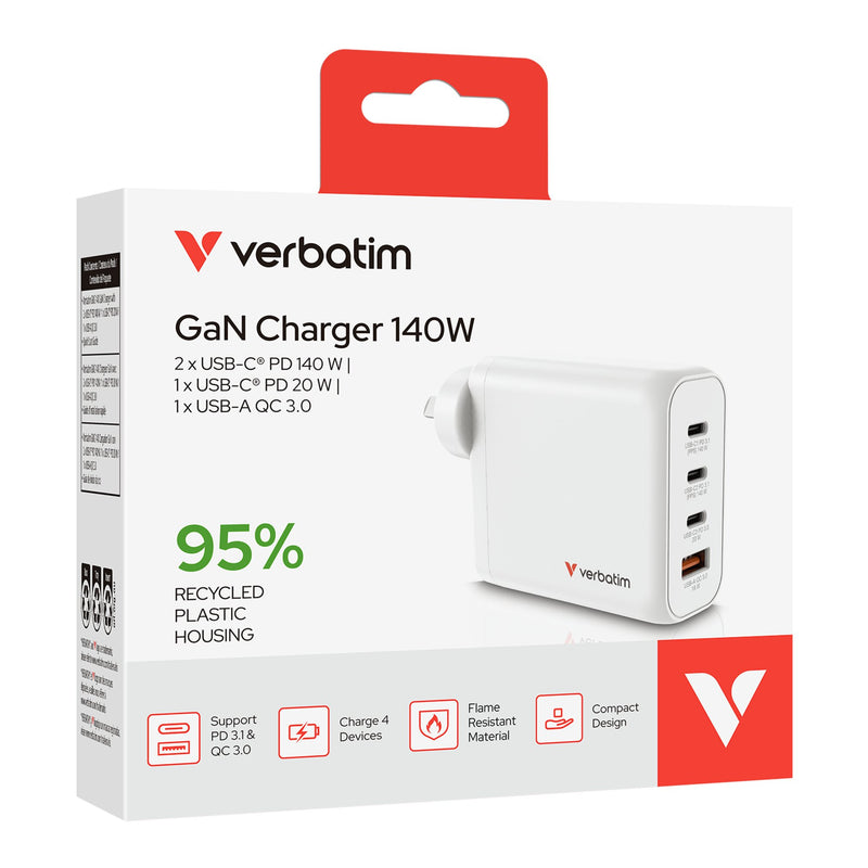 Verbatim GaN Wall Charger 4 Port 140W USB-A and USB-C-4