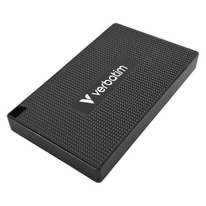 Verbatim Metal Mini SSD at an angle, a slim dark case with a raised dot texture and a Verbatim logo badge