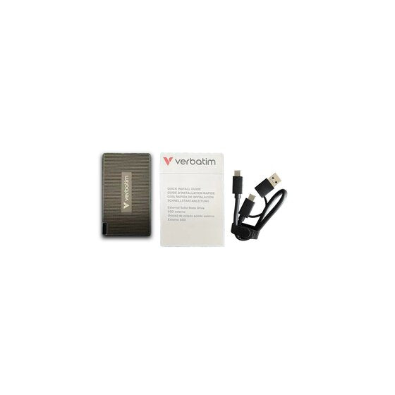Verbatim Metal Mini SSD laid out with its quick install guide and a USB-C cable fitted with a USB-A adapter