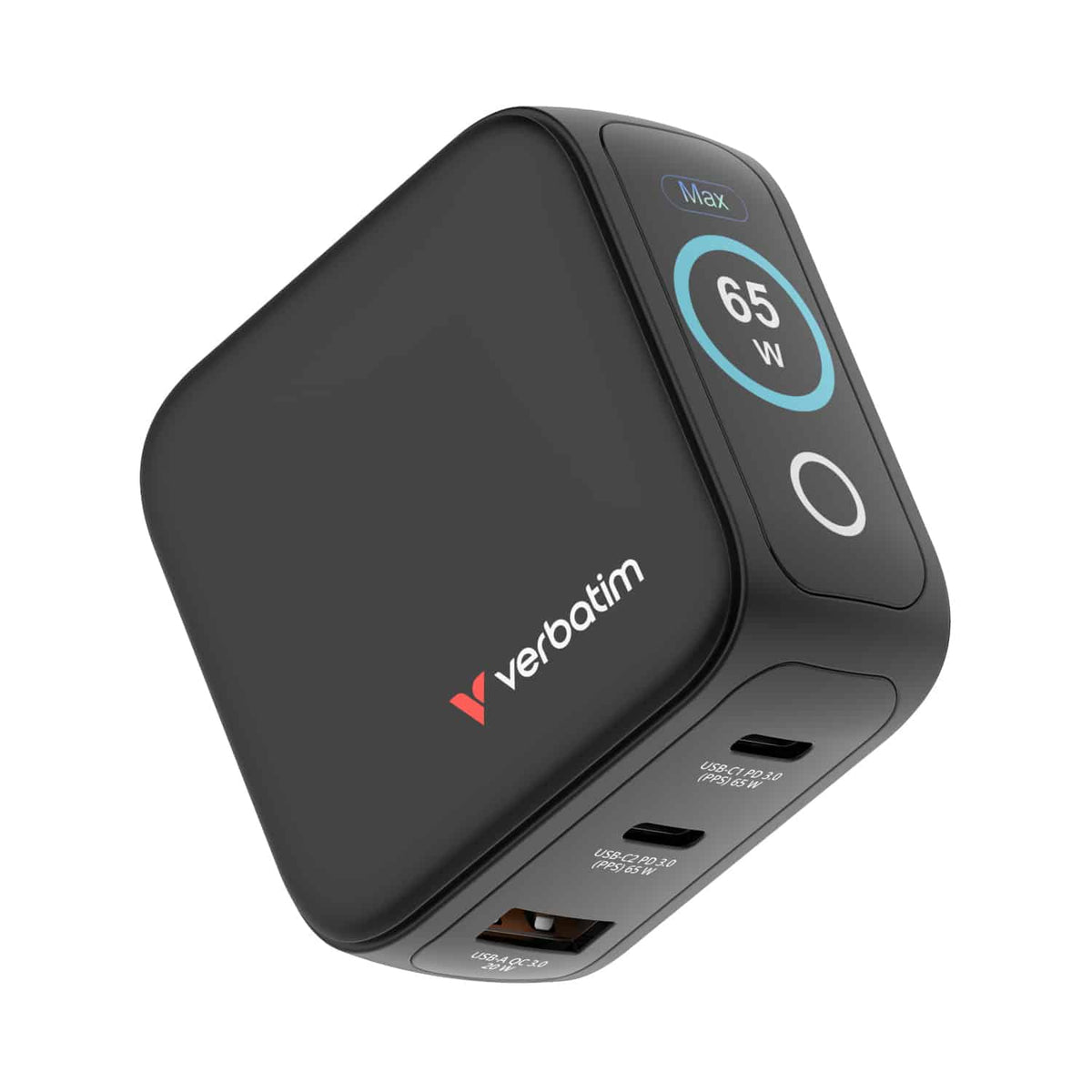 Verbatim Mini GaN Charger 65W with Display 30241 in black, angled view showing the front touchscreen display